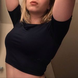 Navy active crop top with pink stripes